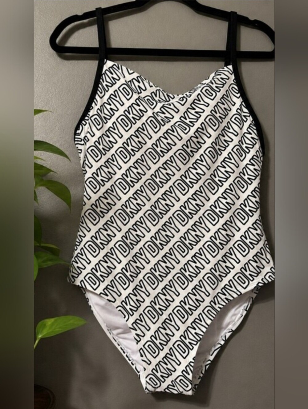 DKNY Women's Logo Print One Piece Bathing Suit White Black Adjustable Size XL